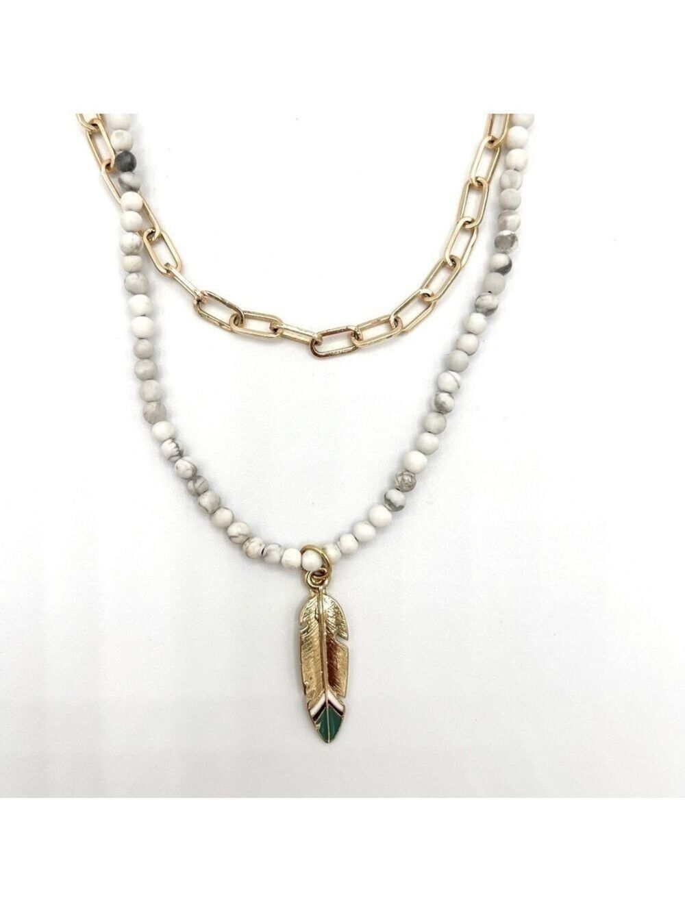 Howlite stone necklace and gold filled paperclip chain